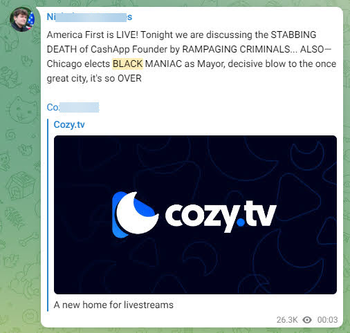 Nick Fuentes plugging Cozy.tv on Telegram
