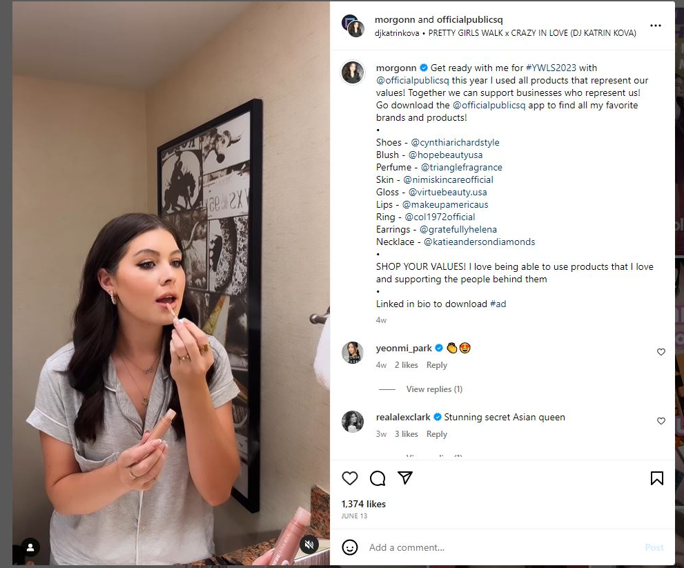 Morgonn promotes a slew of brands, including Col1972, to her instagram followers. In feed, the ad disclaimer would be cut off by the "more" tag.
