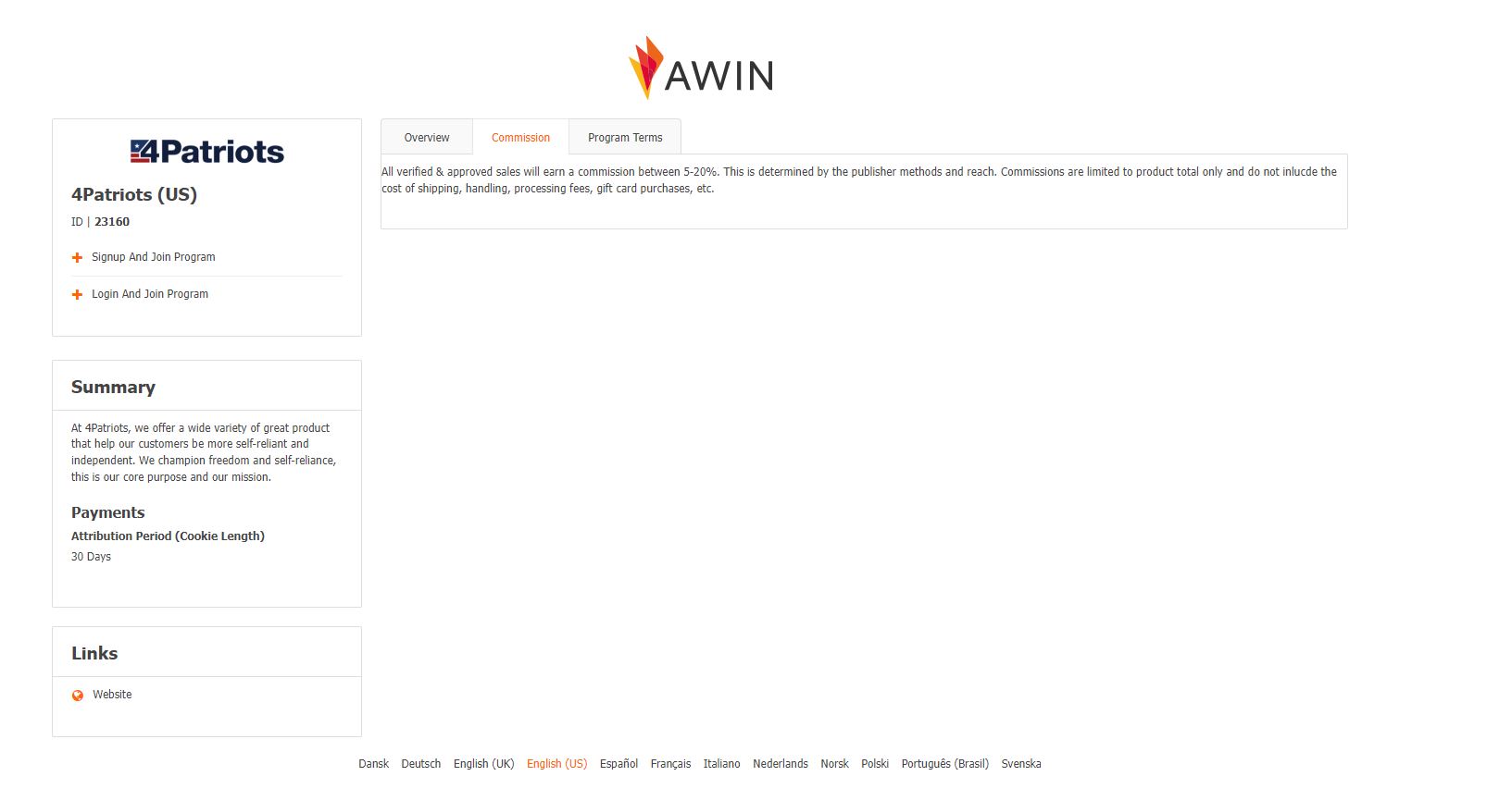 AWIN media company shows 4Patriots supplies affiliate benefits