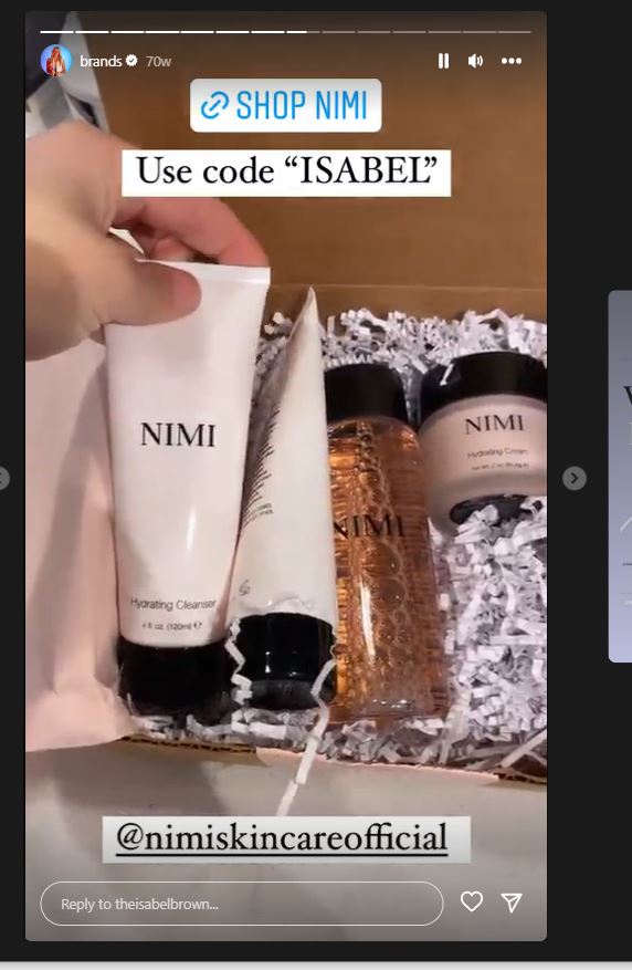 Isabel Brown promotes Nimi Skincare affiliate code on her insta highlights