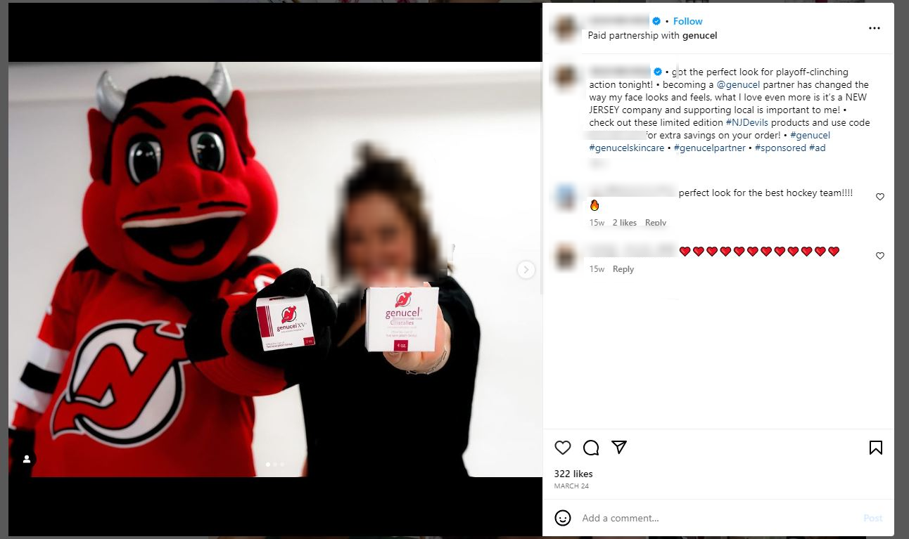 Instagram user information hidden for privacy. Shows user promoting paid partnership with Genucel. 