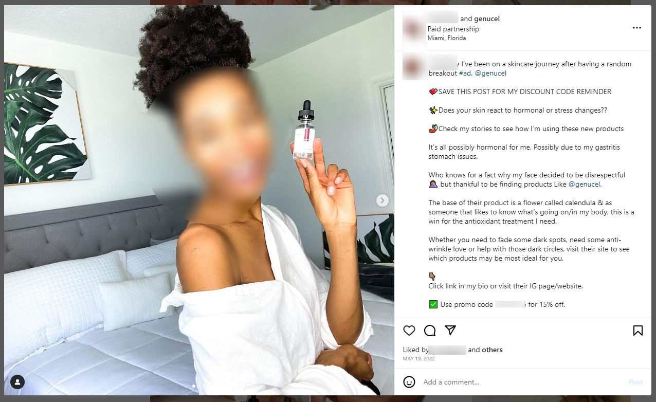 Instagram user information hidden for privacy. Shows user promoting paid partnership with Genucel. 
