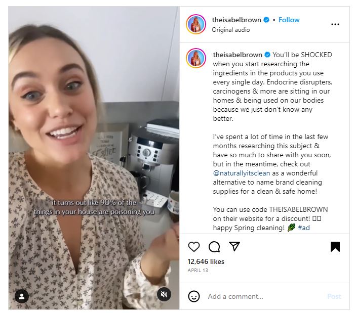 Instagram post from Isabel Brown promoting Naturally, it's clean, showing that the ad disclaimer is placed after the "more" button