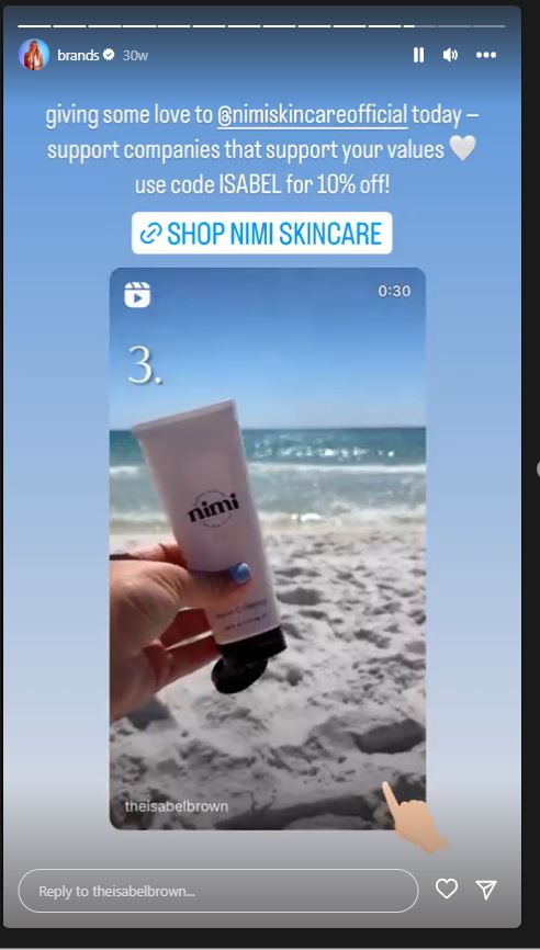 Isabel Brown promotes Nimi Skincare affiliate code on her insta highlights