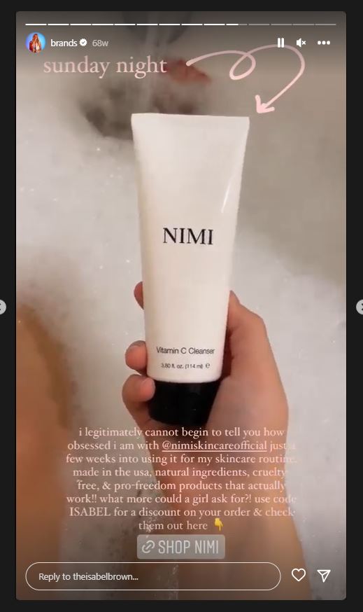Isabel Brown promotes Nimi Skincare affiliate code on her insta highlights