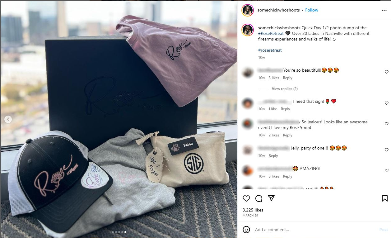 Instagram photo showing Roux's gift box from SigSauer rifles given to her upon attending an influencer trip