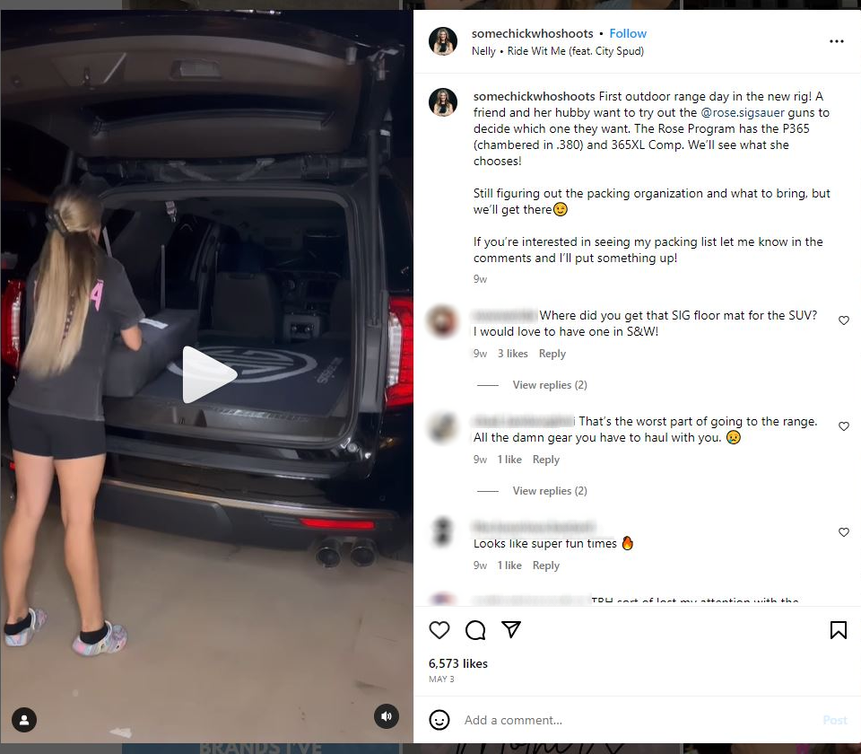 Roux promotes SigSauer Rose program in post featuring SIG Sauer floor mat with no ad disclaimer