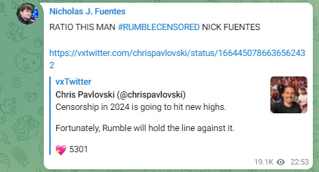 A screenshot of a Telegram post from Fuentes