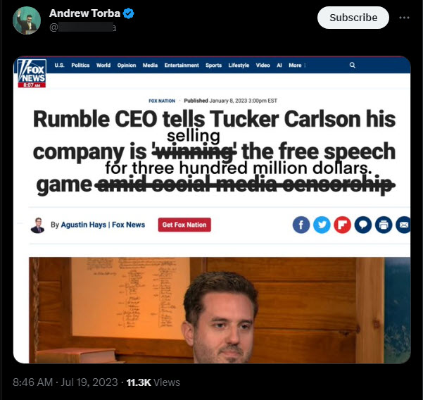 A screenshot of a tweet from Torba about Rumble
