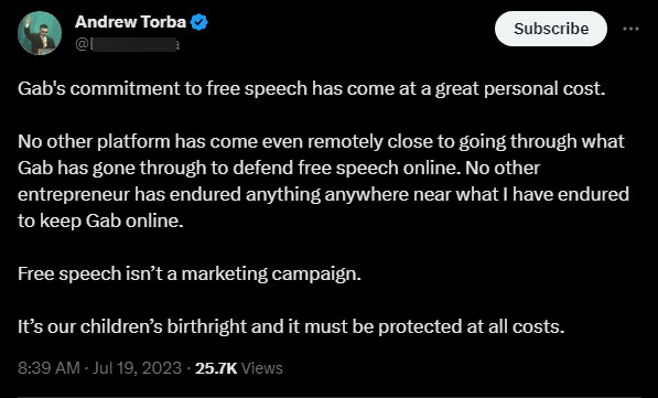 A screenshot of a tweet from Torba about Rumble