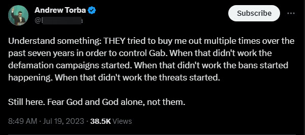 A screenshot of a tweet from Torba about Rumble