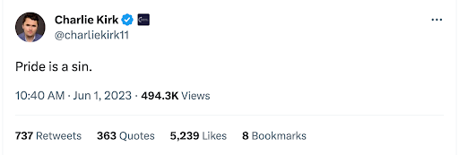Charlie Kirk tweets that "Pride is a sin"