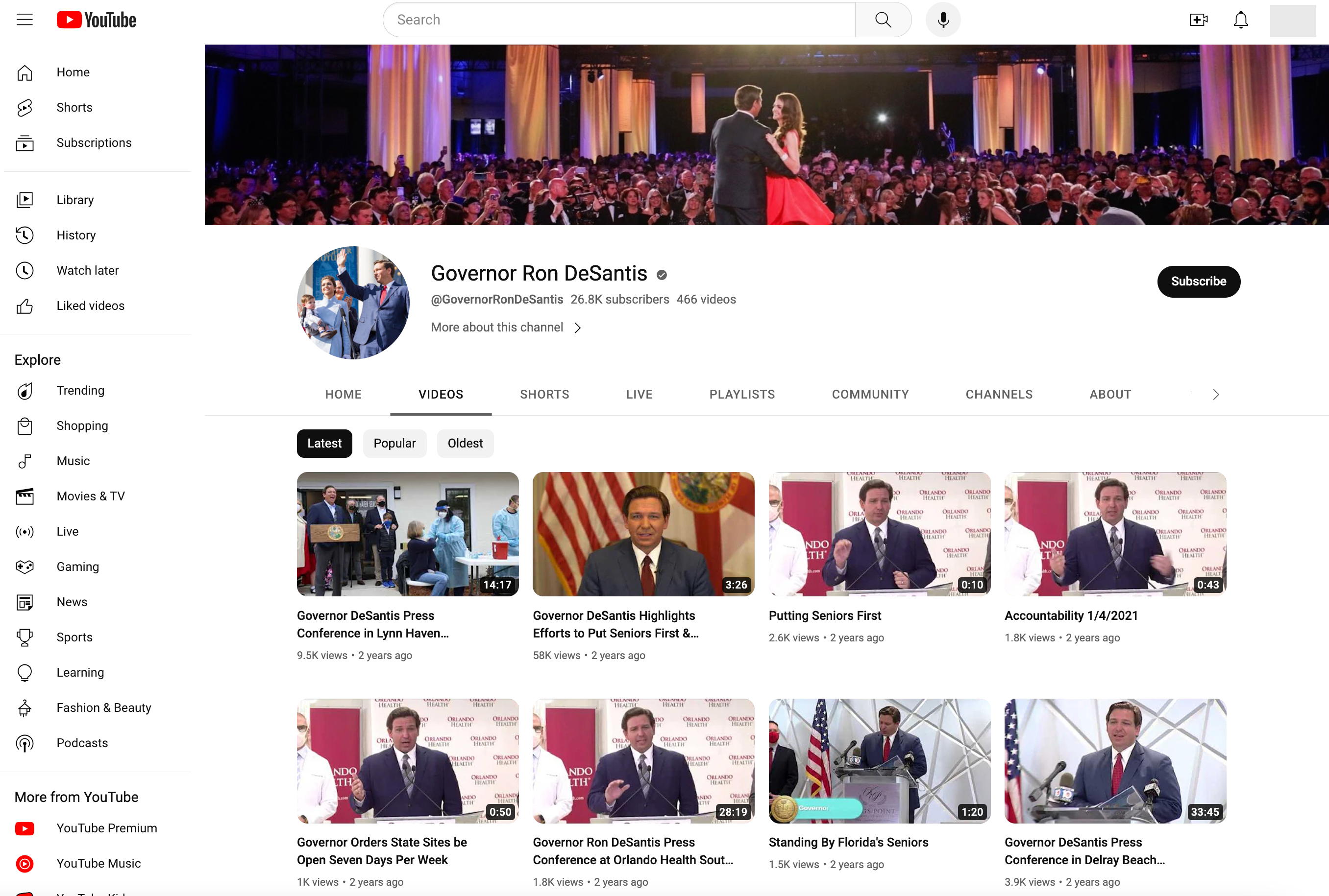 screenshot of DeSantis' YouTube page showing he hasn't posted in at least two years
