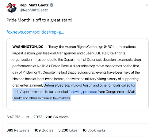 Matt Gaetz response to article about him trying to cancel Pride event
