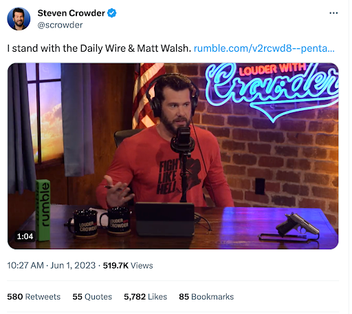 Steven Crowder tweets that he stands with Matt Walsh and Daily WIre