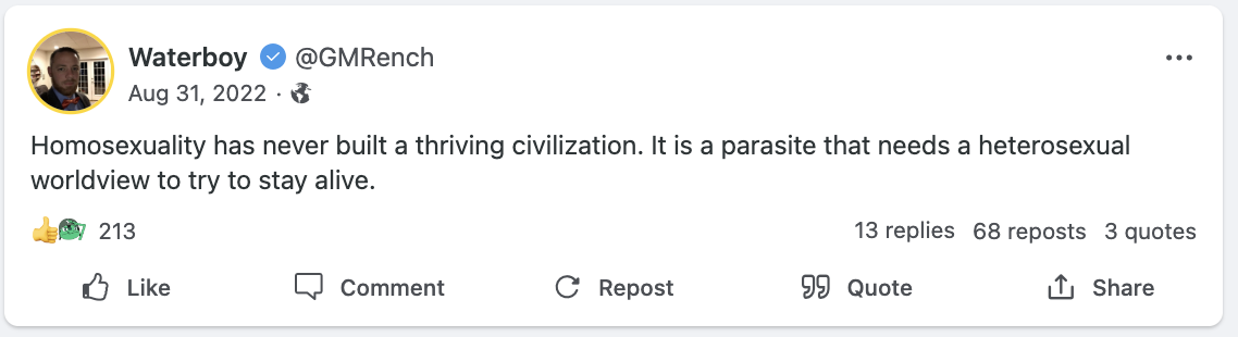 Gabe Rench anti lgbtq gab post 