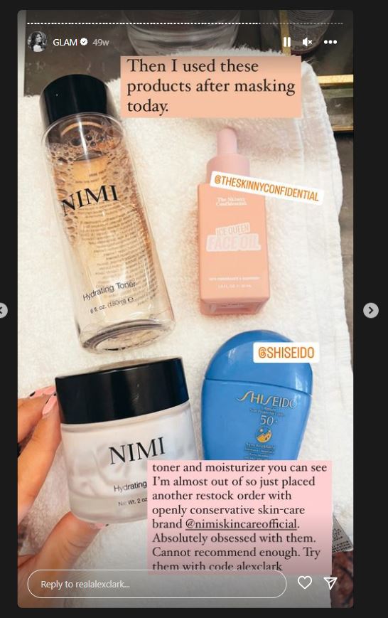 Screenshot shows Clark promoting Nimi Skincare on instagram without a proper disclosure