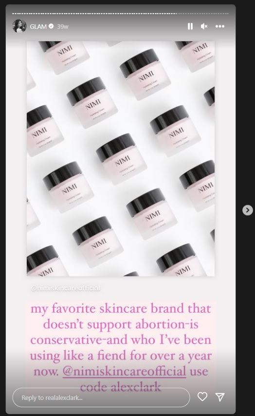 Screenshot shows Clark promoting Nimi Skincare on instagram without a proper disclosure