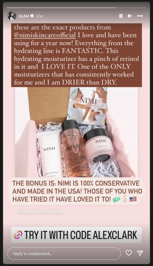 Screenshot shows Clark promoting Nimi Skincare on instagram without a proper disclosure