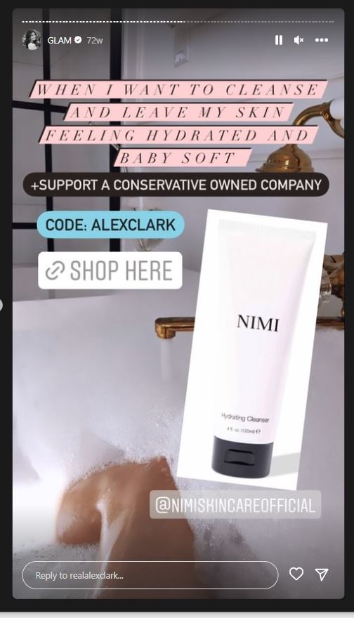 Screenshot shows Clark promoting Nimi Skincare on instagram without a proper disclosure