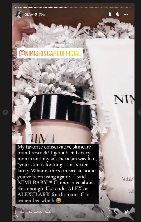 Screenshot shows Clark promoting Nimi Skincare on instagram without a proper disclosure