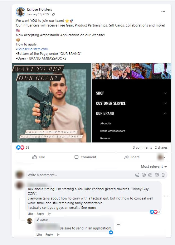 Screenshot of Eclipse Holsters facebook post promoting ambassador program
