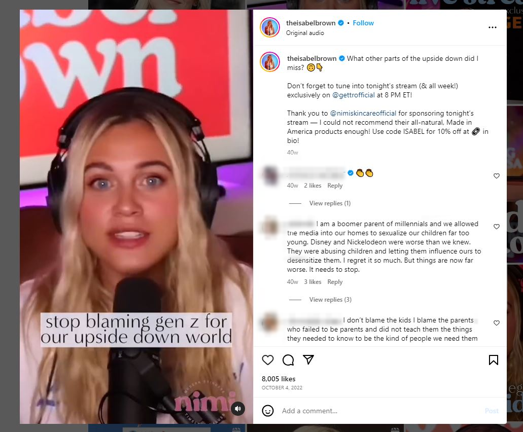 Screenshot shows Isabel Brown promoting Nimi Skincare Affiliate code without a proper disclosure