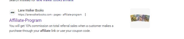 Lane Walker Books affiliate program perks listed in Google search results