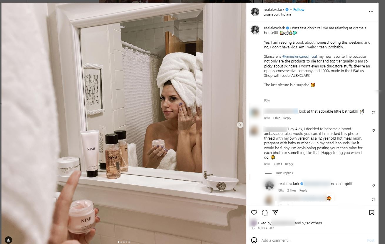 Screenshot shows Clark promoting Nimi Skincare on instagram without a proper disclosure