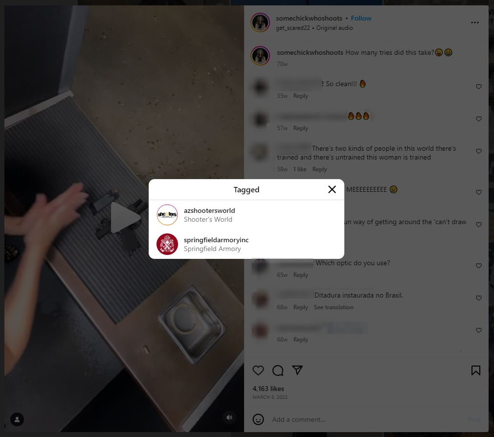 Screenshot shows Roux promoting Springfield armory products without disclosing material relationship to brand