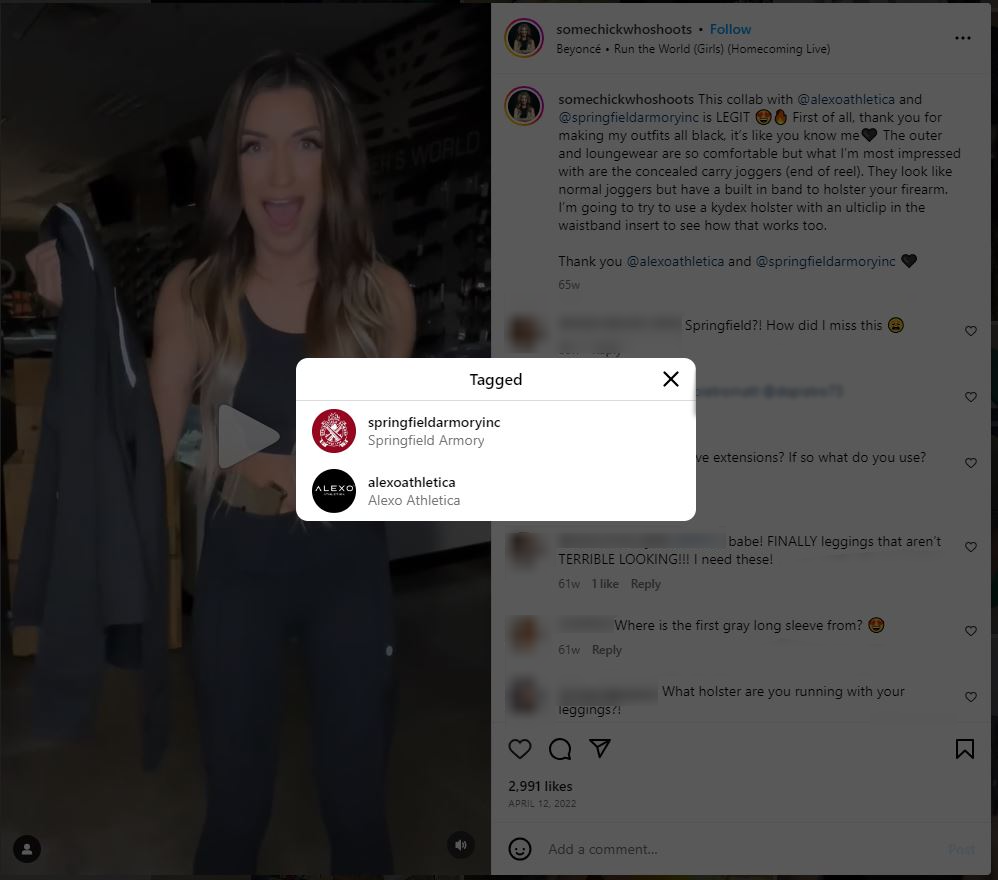 Screenshot shows Roux promoting Springfield armory products without disclosing material relationship to brand