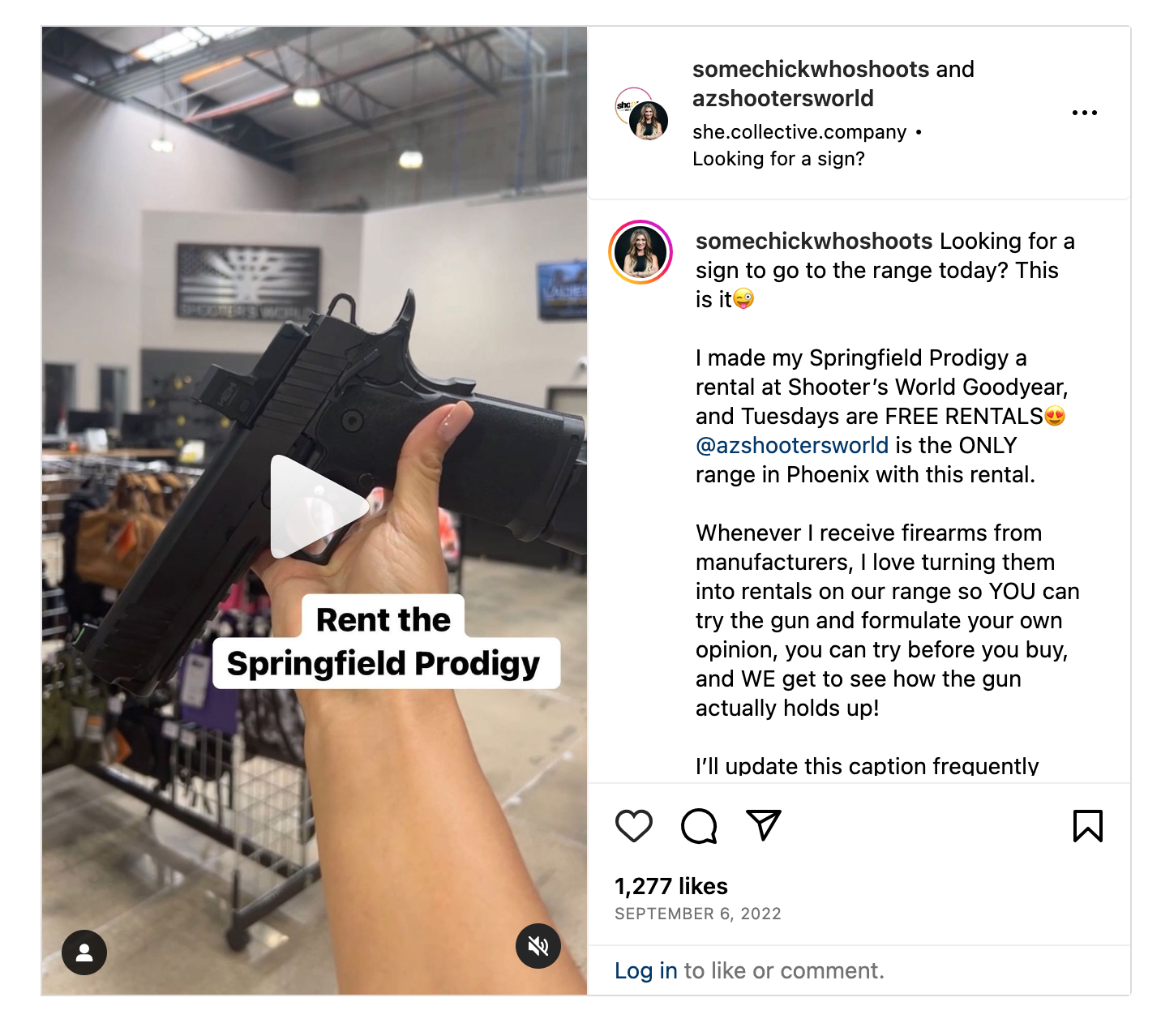 Screenshot shows Roux promoting Springfield armory products without disclosing material relationship to brand. Post does note that the manufacturer sent her the gun.