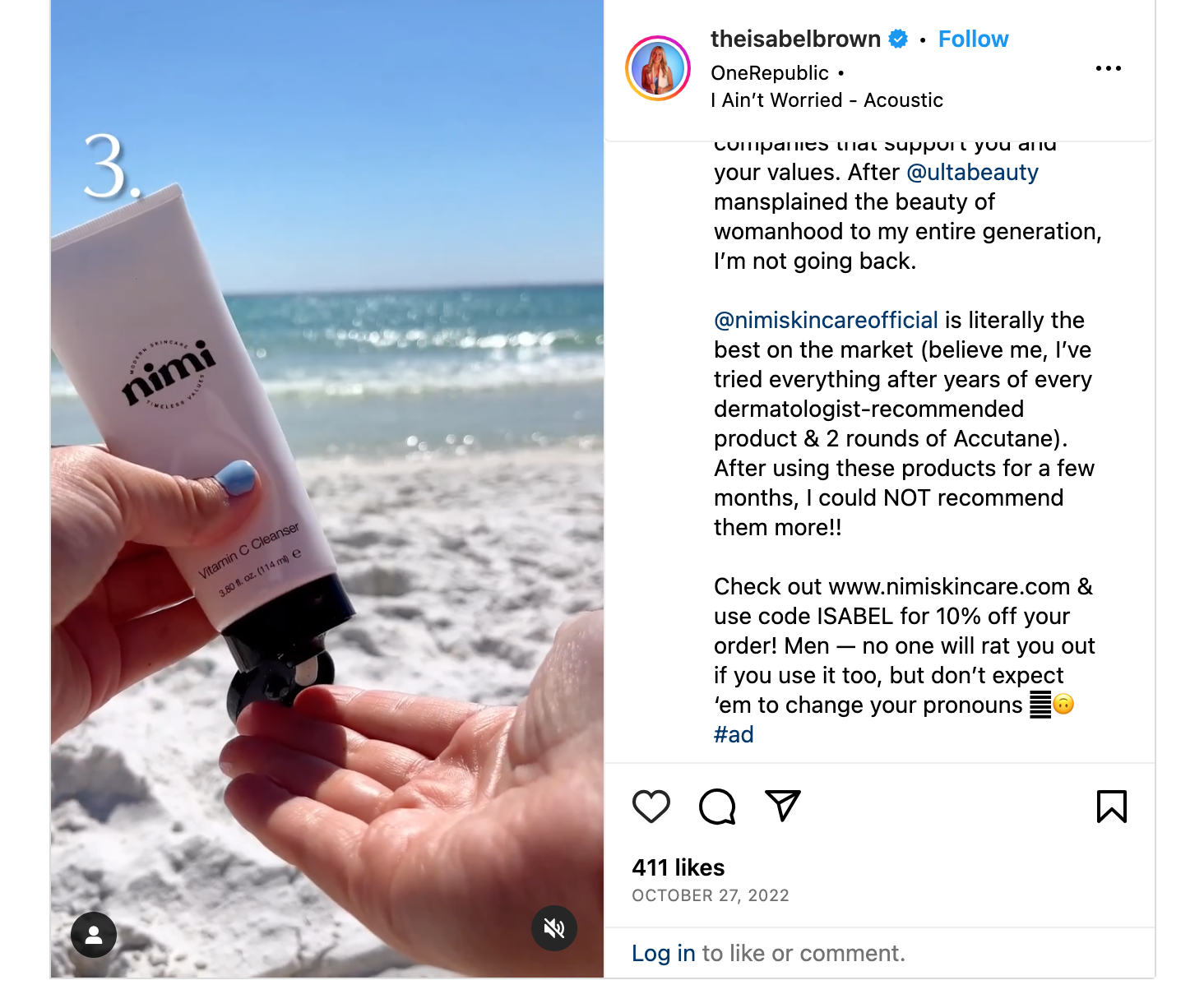 Screenshot shows Brown promoting Nimi Skincare. The disclosure "#ad" appears at the bottom of the post, underneath a wall of text.