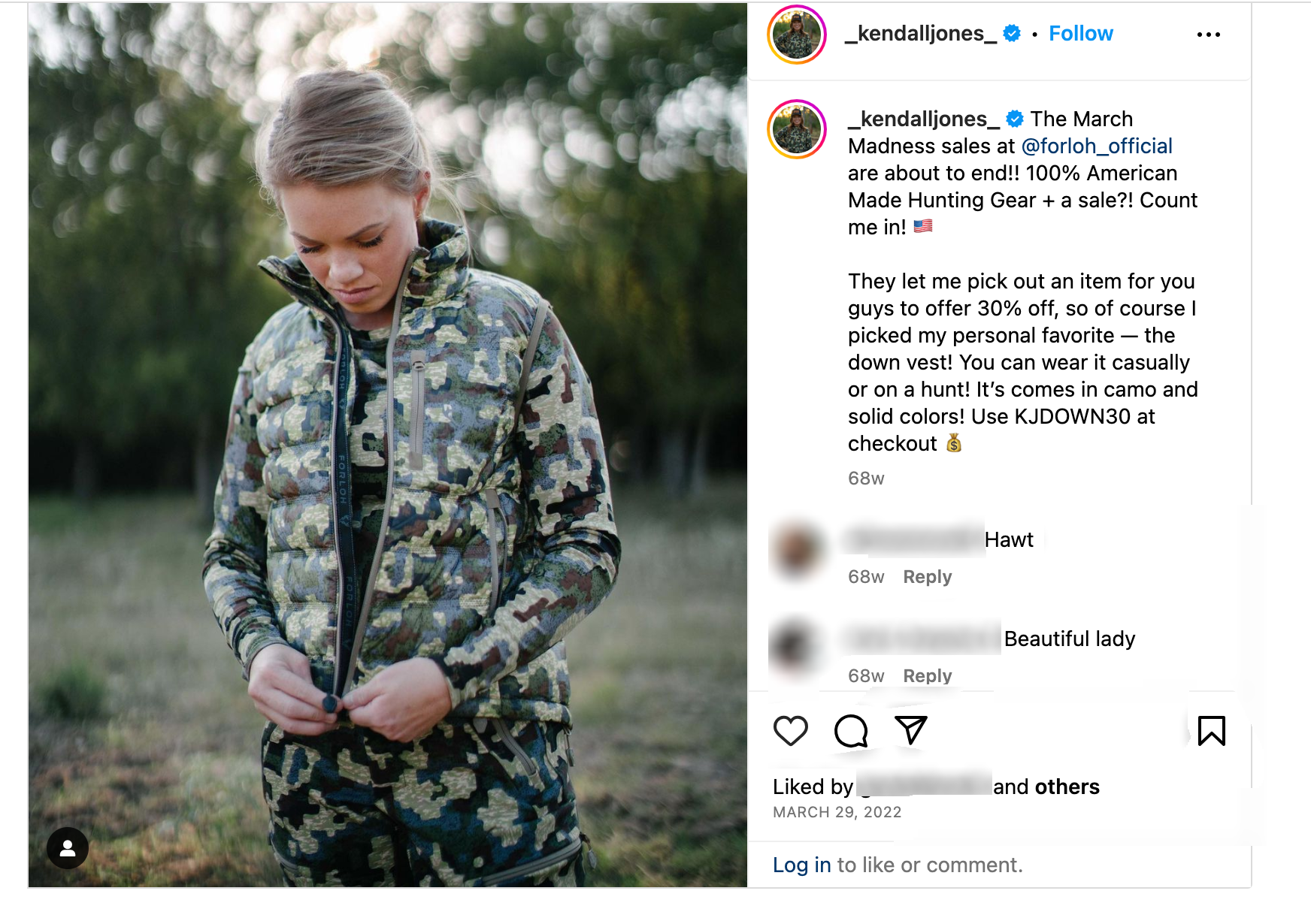 Kendall Jones promotes Forloh hunting gear affiliate code without disclosing relationship to brand