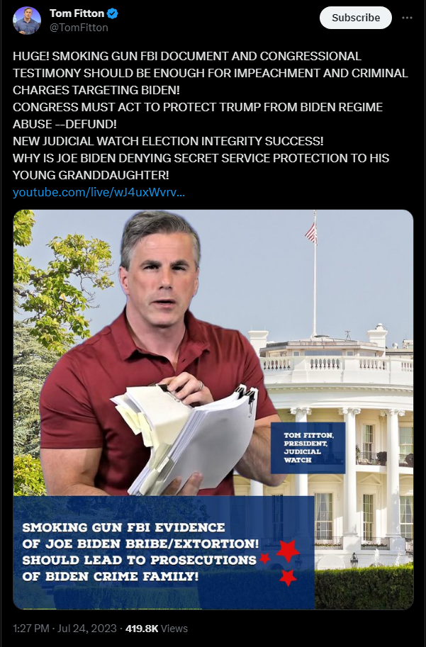 Tom Fitton calling for Biden's impeachment "to protect Trump"