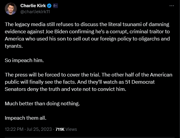 Charlie Kirk calling for Joe Biden's impeachment on Twitter