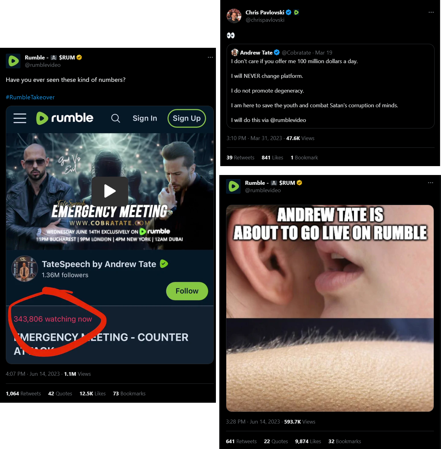 Tweets of Rumble promoting Andrew Tate