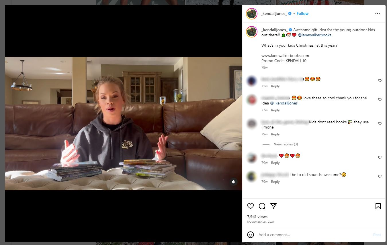 Screenshot shows Kendall jones promoting Lane Walker books promo code without disclosing material connection to brand