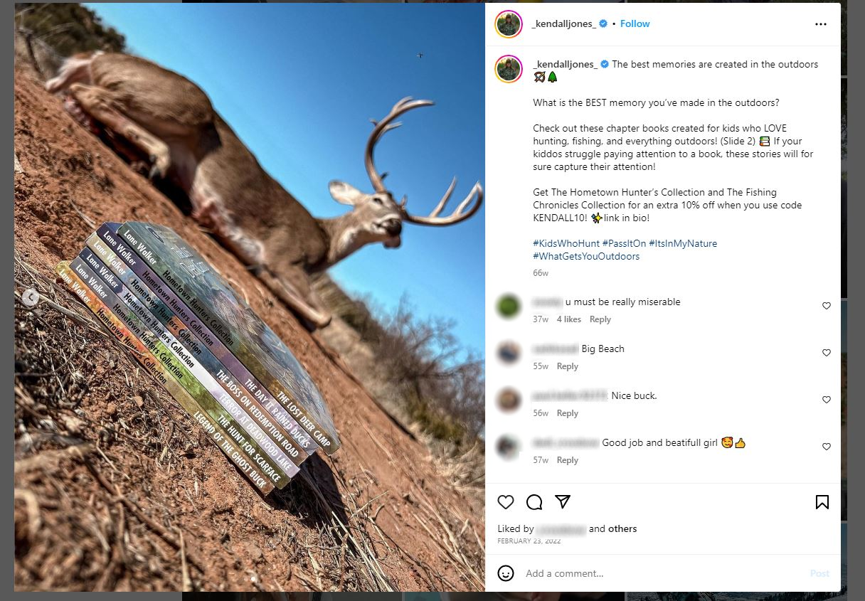 Screenshot shows Kendall jones promoting Lane Walker books promo code without disclosing material connection to brand
