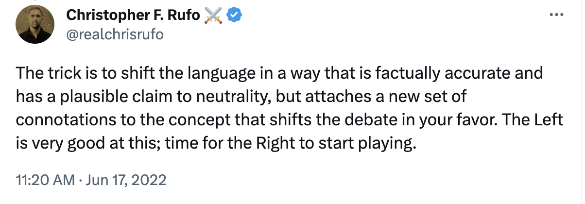 The trick is to shift the language in a way that is factually accurate and has a plausible claim to neutrality, but attaches a new set of connotations to the concept that shifts the debate in your favor. The Left is very good at this; time for the Right to start playing.