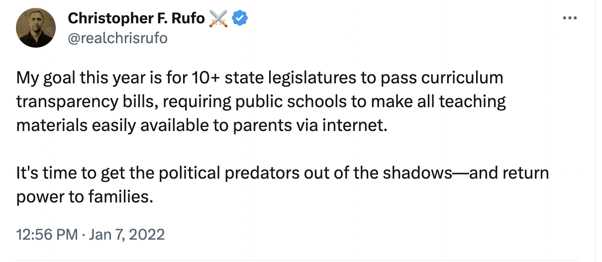 My goal this year is for 10+ state legislatures to pass curriculum transparency bills, requiring public schools to make all teaching materials easily available to parents via internet.  It's time to get the political predators out of the shadows—and return power to families.