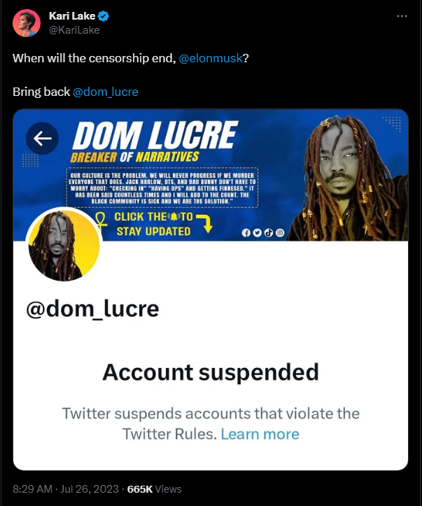 Kari Lake calling for Dom Lucre to be back on Twitter