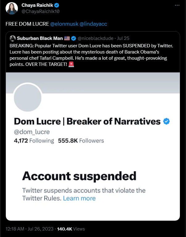 LOTT Calling for Dom Lucre to be reinstated on Twitter