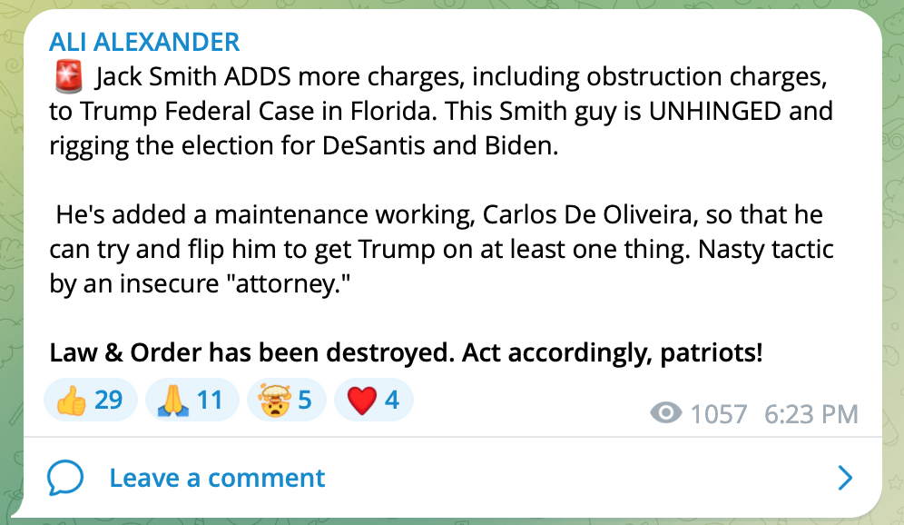 Ali Alexander Trump indictment telegram post 