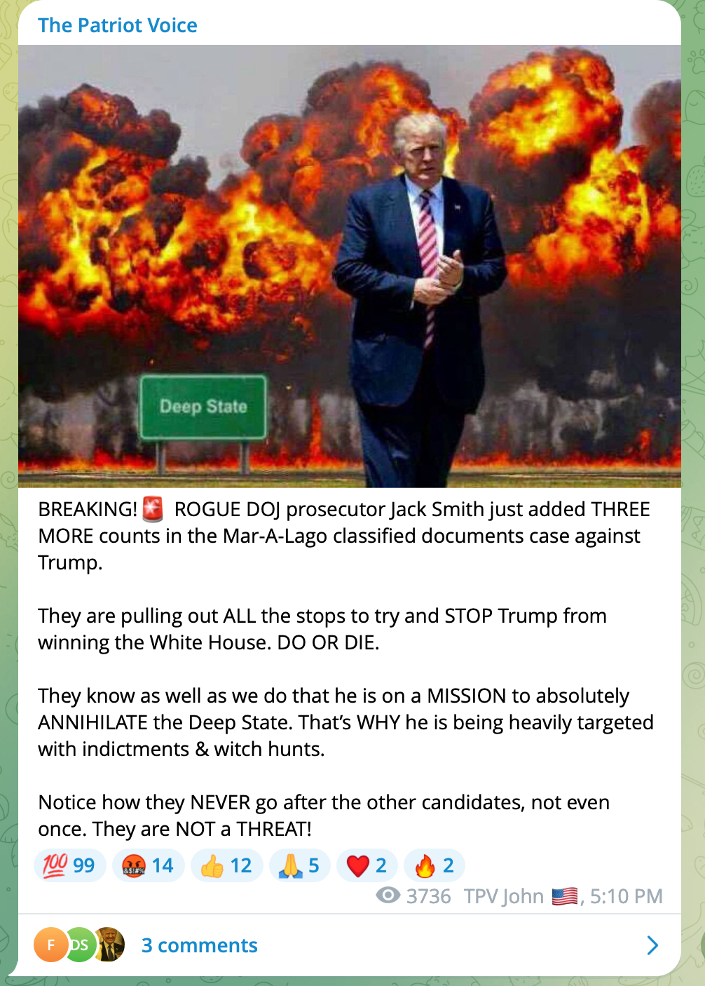 QAnon John Trump indictment telegram post