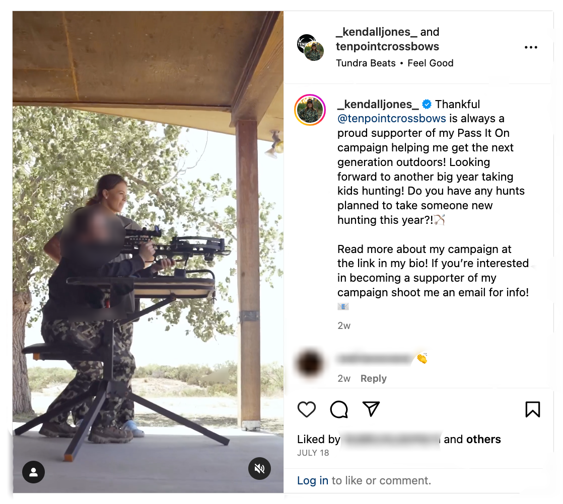 Screenshot shows Kendall jones promoting Tenpoint crossbows without clearly disclosing information about brand relationship