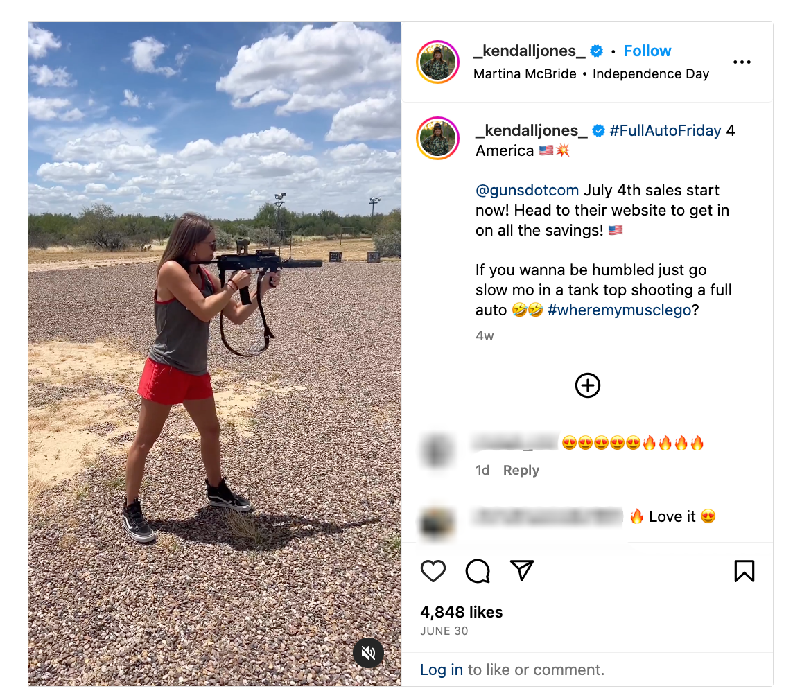 Screenshot shows kendall Jones promoting gunsdotcom 4th of july sales 