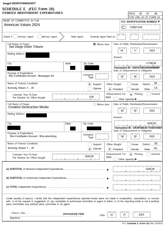 American Values FEC expenses