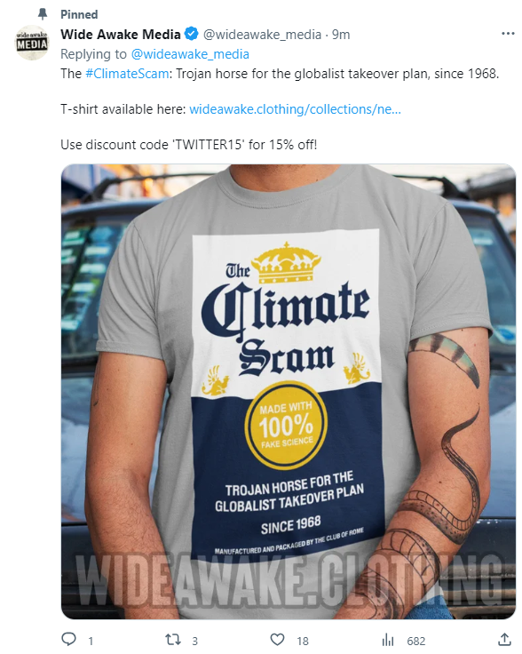 Pinned tweet promoting a t-shirt with "climate scam" on it