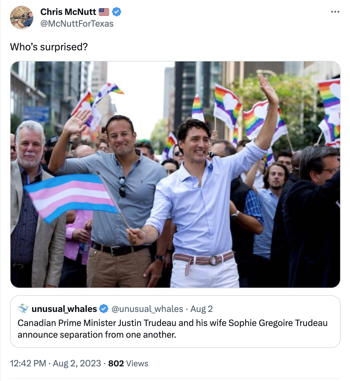 Whose surprised, over an image of Justin Trudeau at a Pride parade